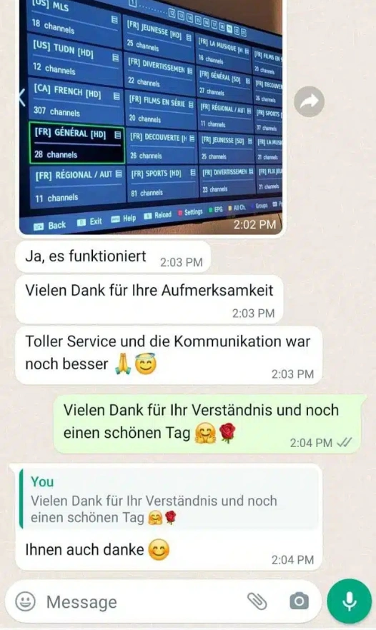 WhatsApp Kundenbewertung Kodi IPTV 4K — Funktioniert einwandfrei