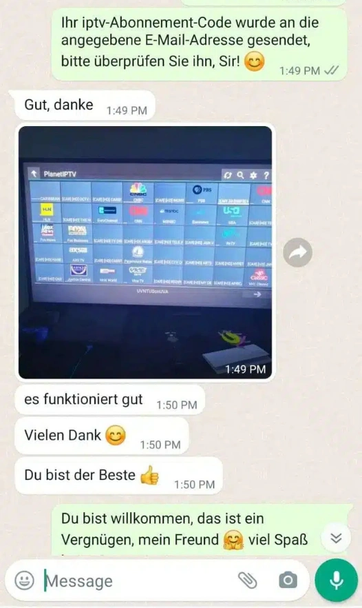 WhatsApp Beweis Kodi IPTV 4K — Toller Service, sehr zufrieden